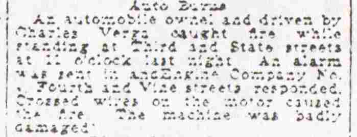 Camden Daily Courier June 6, 1925 — Auto Burns — Charles Verga's automobile, Engine Company 4 responded