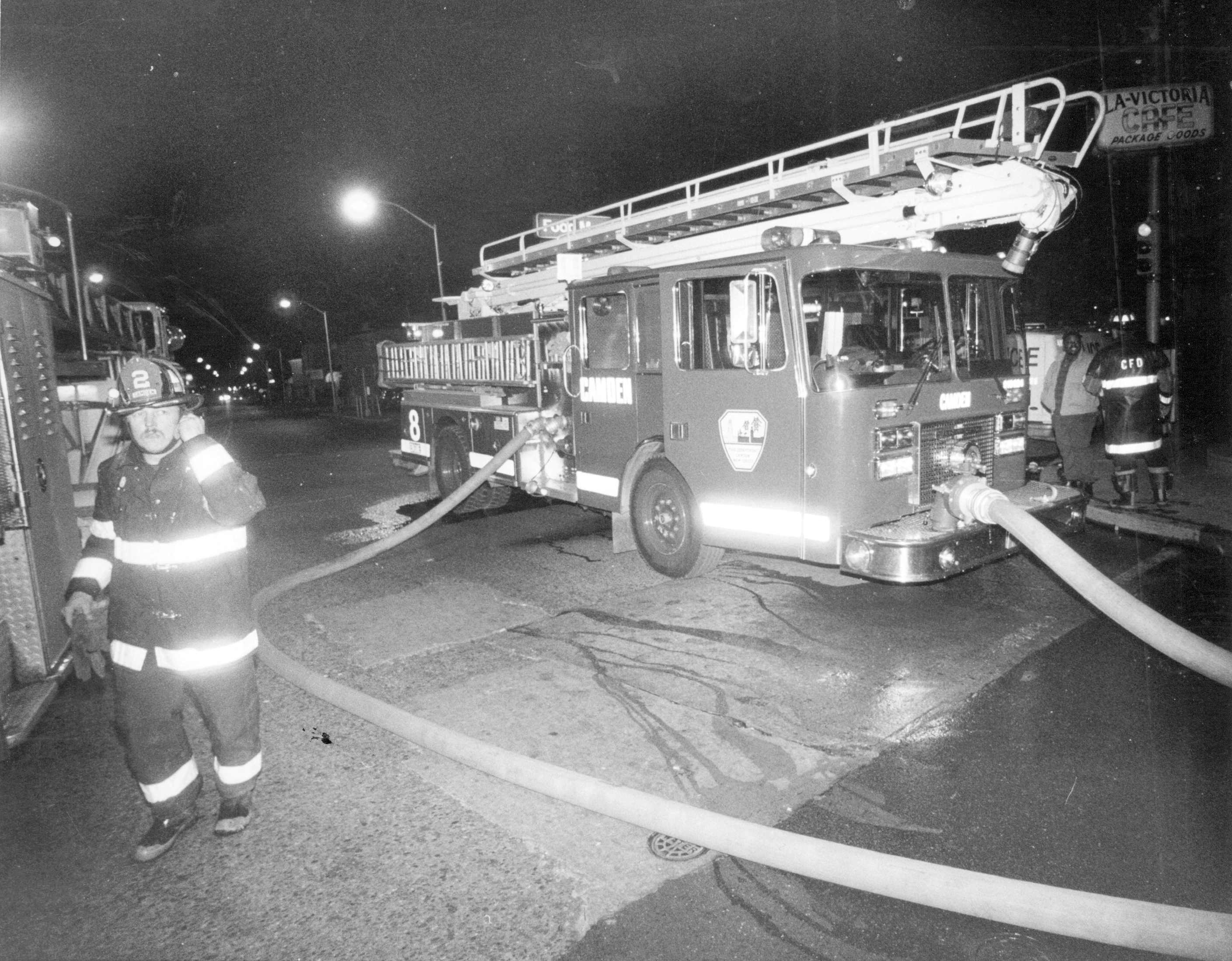 Ladder Company 2 and Engine Company 8 at Mt. Ephraim Avenue and Kaighn Avenue, 1994 — William A. Barnhill of Ladder 2 at left