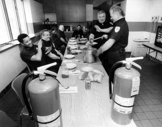Engine Company 8 and Ladder Company 2 meal at Liberty Station, 1301 Broadway, circa 1994