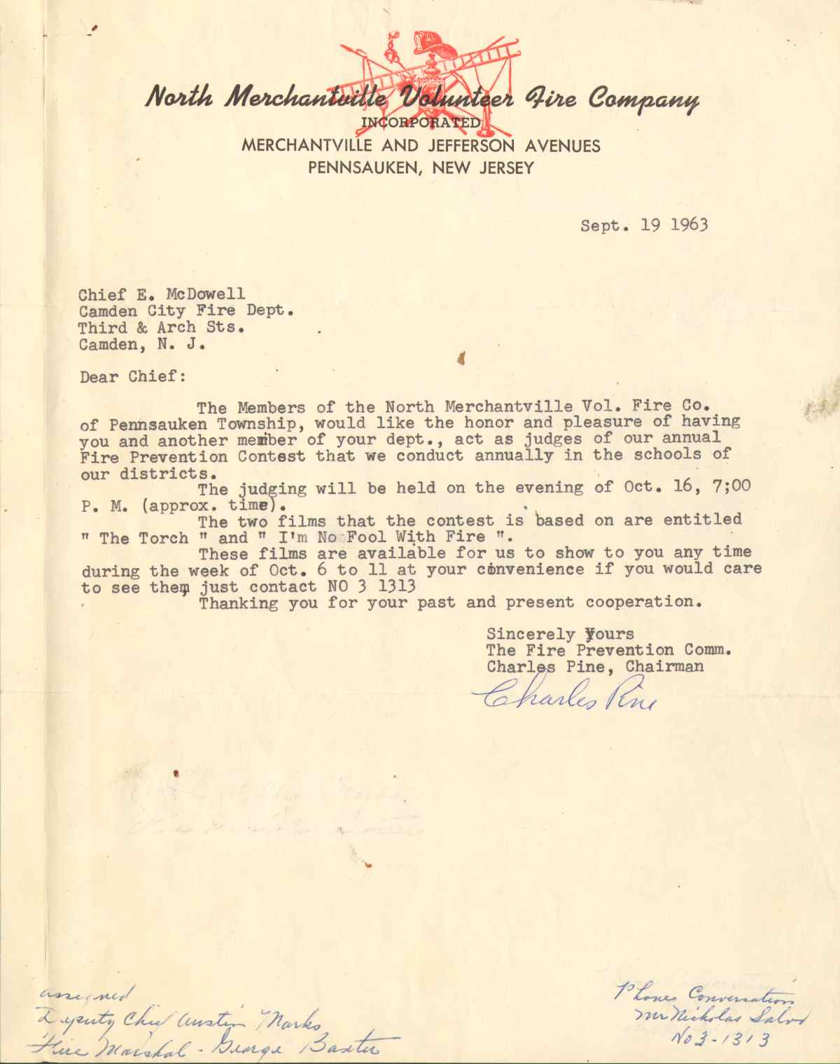 North Merchantville Volunteer Fire Company letter to Camden Fire Dept, September 1963