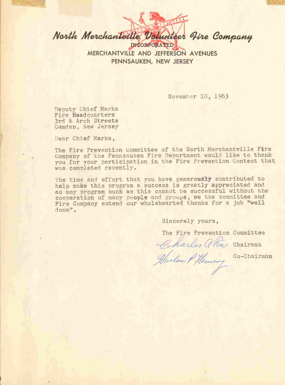 North Merchantville Volunteer Fire Company thank-you letter to Deputy Chief Marks, November 1963