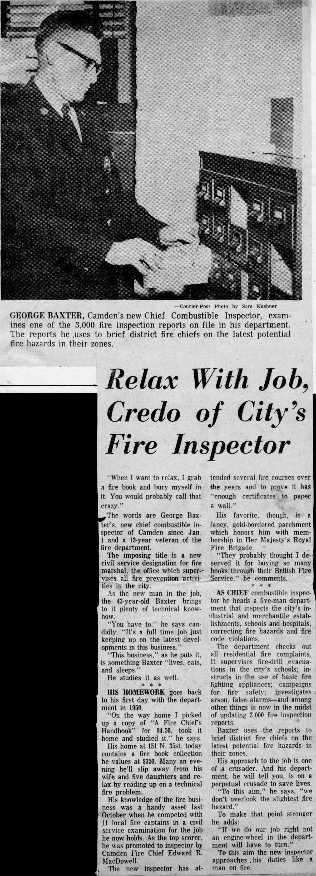 Camden Courier-Post March 23, 1963 — Relax With Job, Credo of City's Fire Inspector