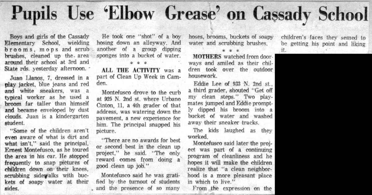 Pupils Use Elbow Grease on Cassady School, Camden Courier-Post, May 1964 — article headline and text
