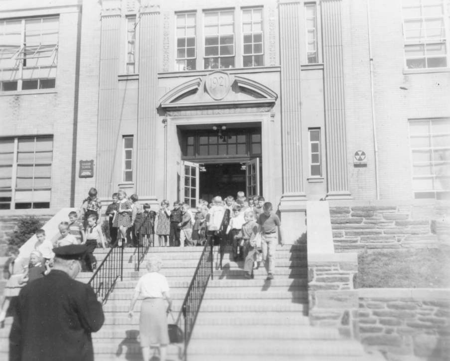 Inspector John Gaffney at H.C. Sharp School fire prevention program, 1964