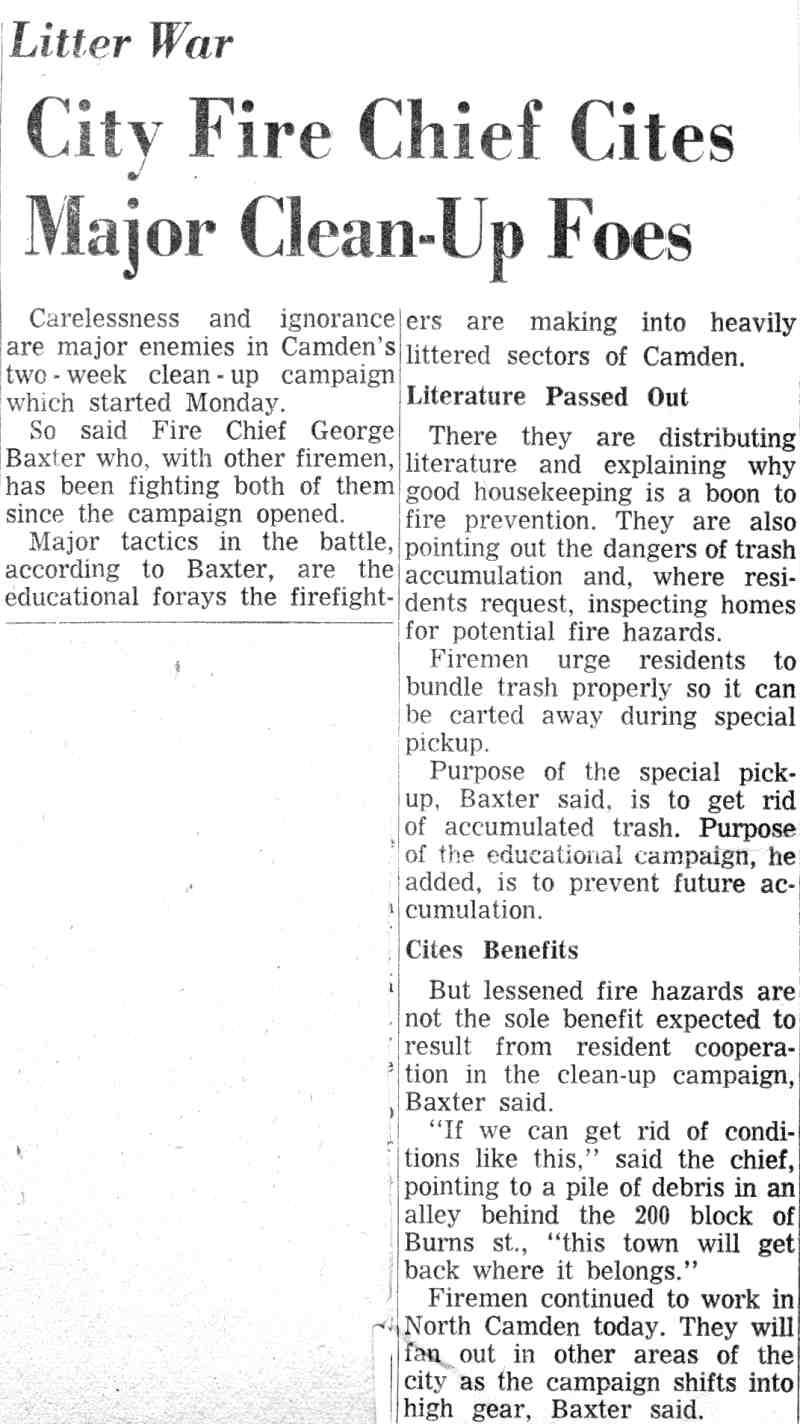 Camden Courier-Post May 1965 — City Fire Chief Cites Major Clean-Up Foes
