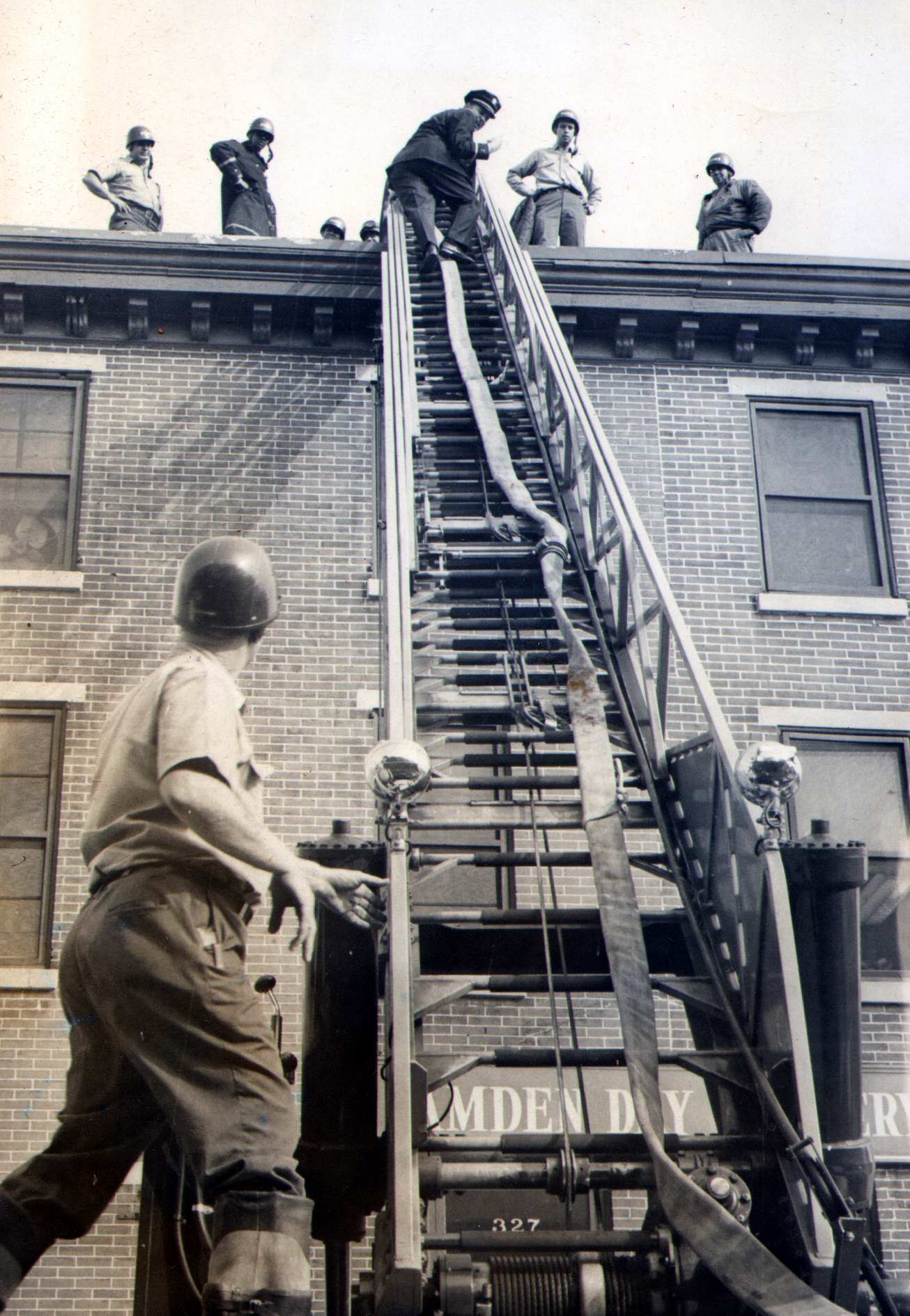 Ladder Company 1 fire drill at Camden Day Nursery, 327 Stevens Street, 1965 — photo 1