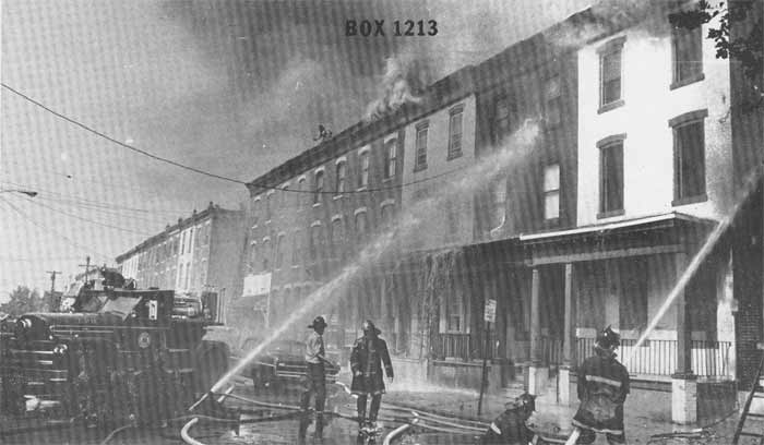 Engine Company 1 and Ladder Company 3 operating at 6th and Elm Streets, July 4, 1972 — photo courtesy R. Bartosz
