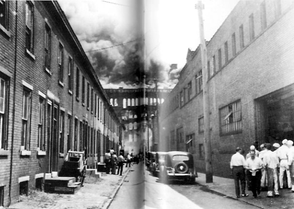 Looking east on Carpenter Street during the Hollingshead Factory fire, July 30, 1940