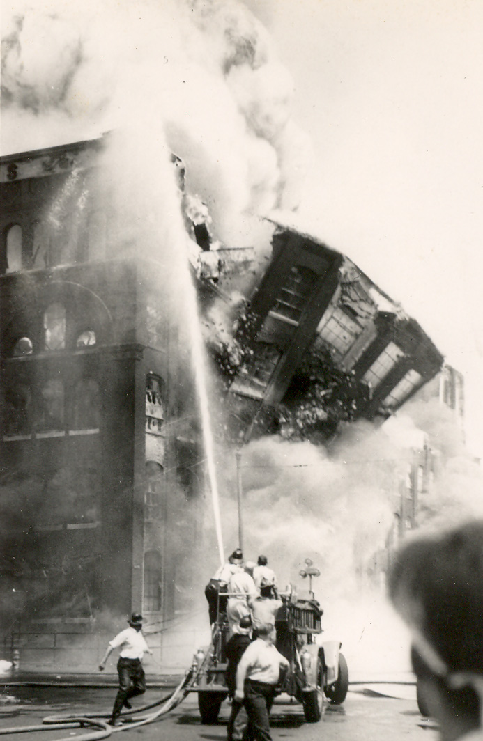 The Market Street side wall crumbles during the Hollingshead fire, Camden, NJ