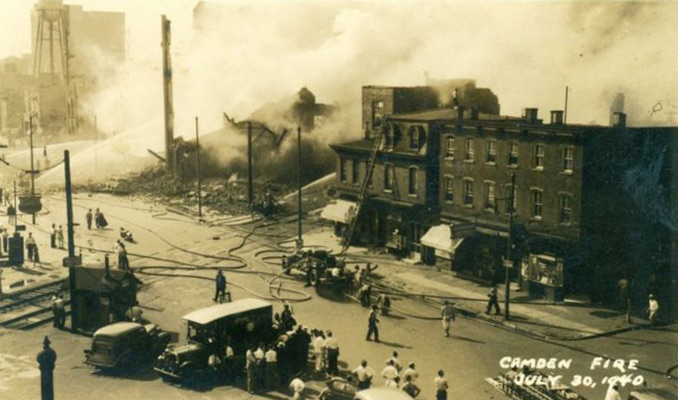Looking northwest on Market Street at the 1000 block of Federal Street, after the Hollingshead factory collapsed, Camden, NJ