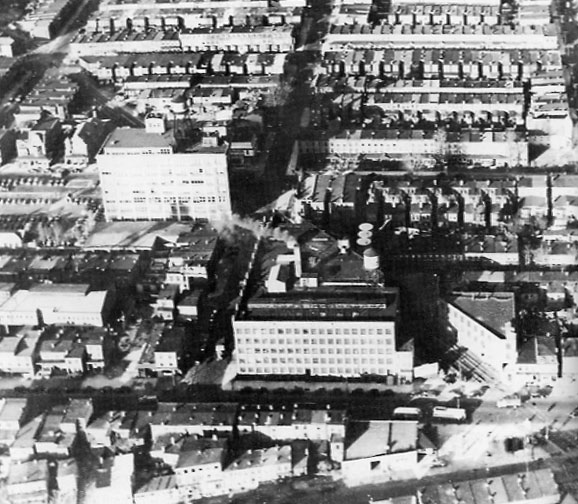 Looking north at the Hollingshead plant at 10th and Market Streets, before the fire