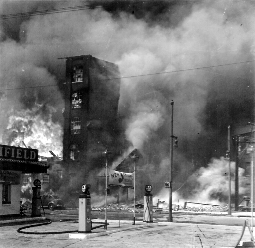 Looking northwest from William Dickinson's garage at 1027-1029 Market Street — Hollingshead fire, Camden, NJ