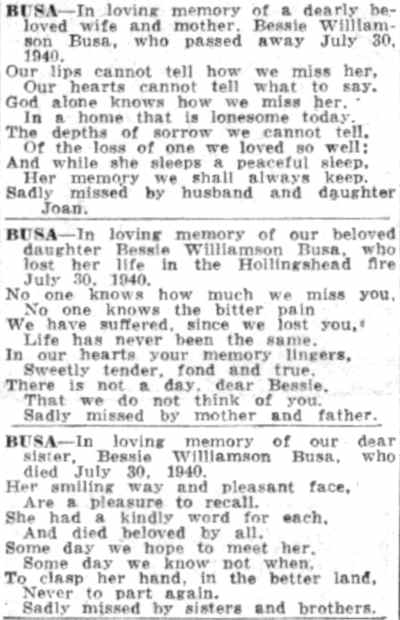 Three loving memory notices for Bessie Williamson Busa who was killed in the Hollingshead fire, July 30, 1940