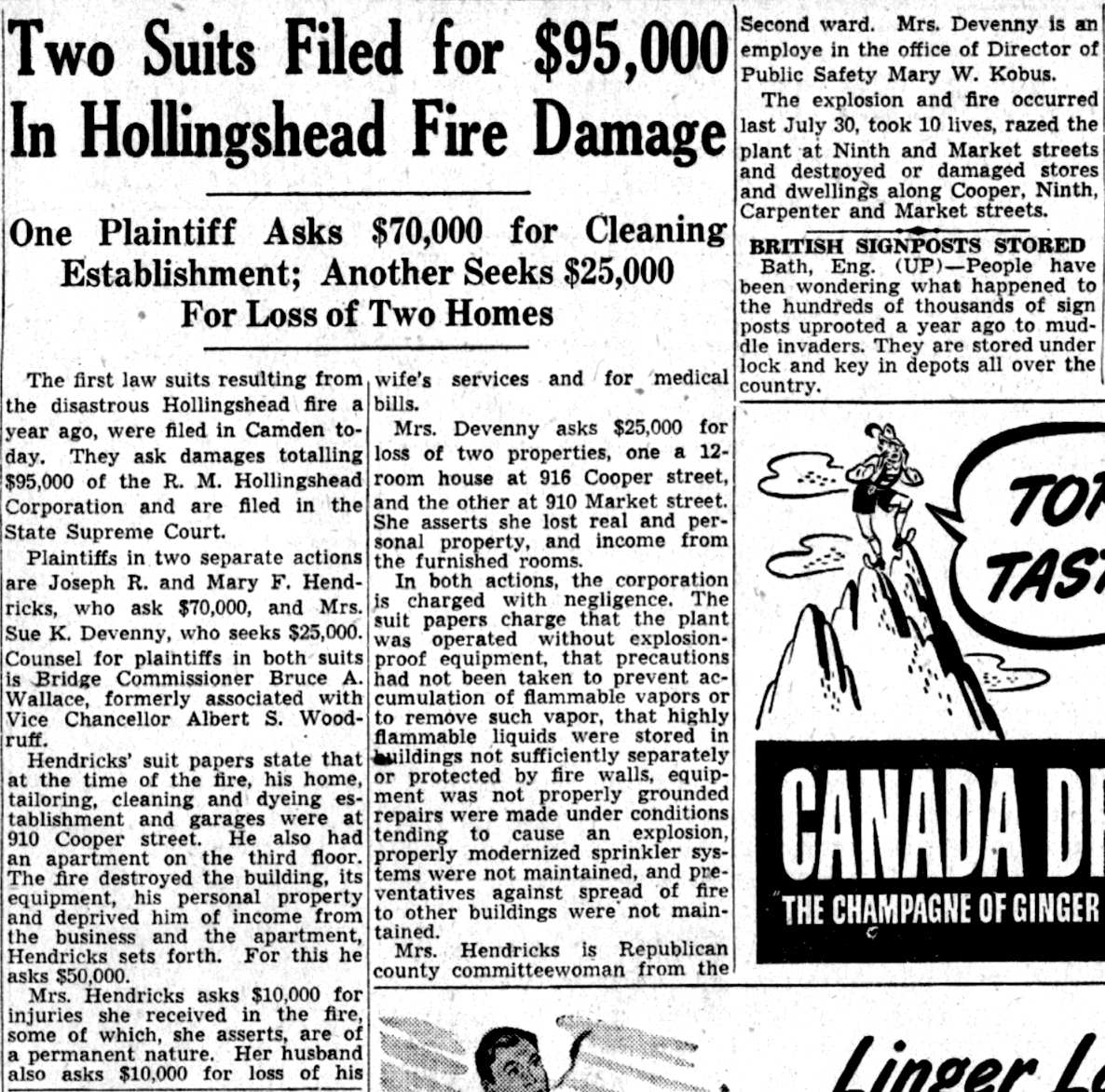 Hollingshead fire damage suits July 24 1941