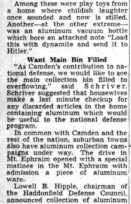 City Yields 10,000 Aluminum Articles continued — Camden Courier-Post, July 25, 1941