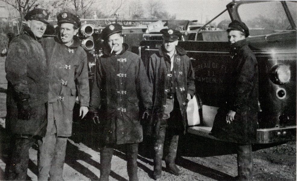 Engine Company 11, circa 1957 — Phil Stinger, Jack Schott, Herb Baxter, Bill O'Connor, Matt Davies