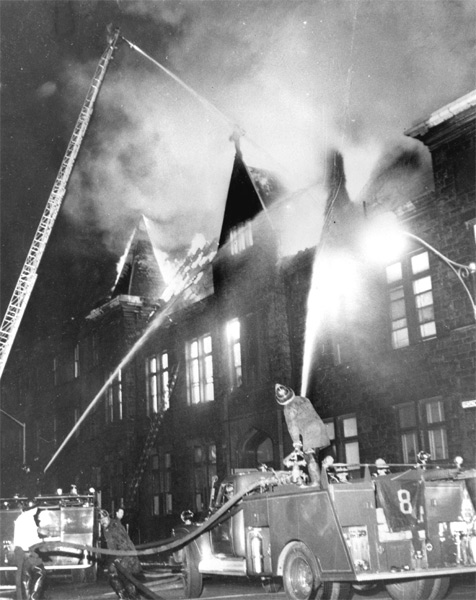Engine Company 8, 1952 GMC Hose Wagon at Camden Catholic High School, Broadway and Federal Street, April 17, 1960