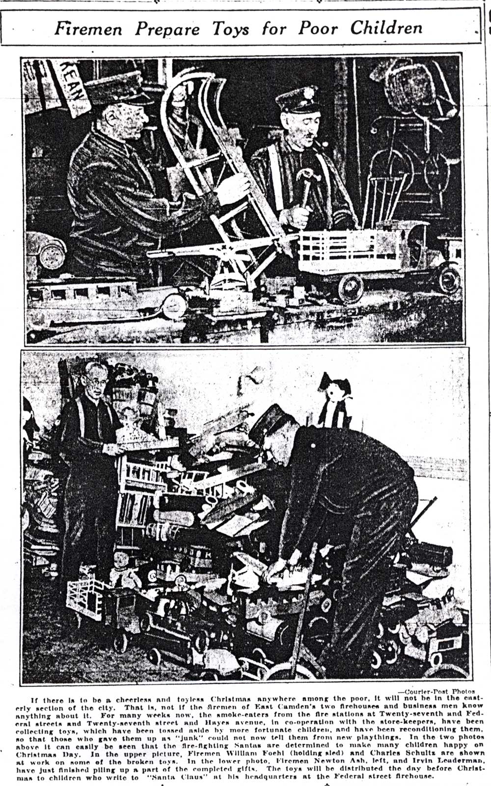 Camden Evening Courier, December 13, 1930 — Firemen Prepare Toys for Poor Children