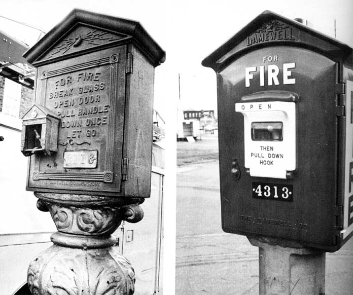 Fire boxes — the old double-action box and new single-action boxes installed citywide in 1966