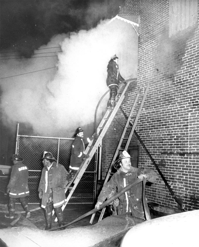 Elements of Ladder Company 2 and other units at 337-343 Pine Street, Camden — March 15, 1973
