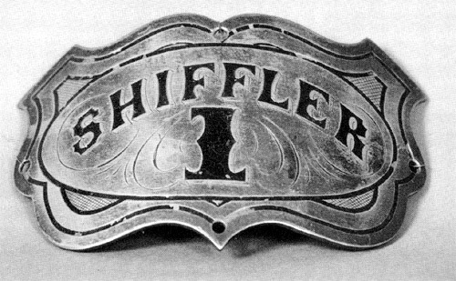A name plate from the apparatus of the Shiffler Hose and Steam Fire Engine Company No. 1