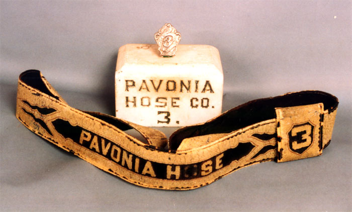 Pavonia Hose Company No. 3 — Marble Gavel Block, Breast Badge and Leather Parade Belt