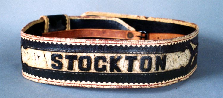Leather Parade Belt worn by members of Stockton Hose Company No. 2, photographed 1994