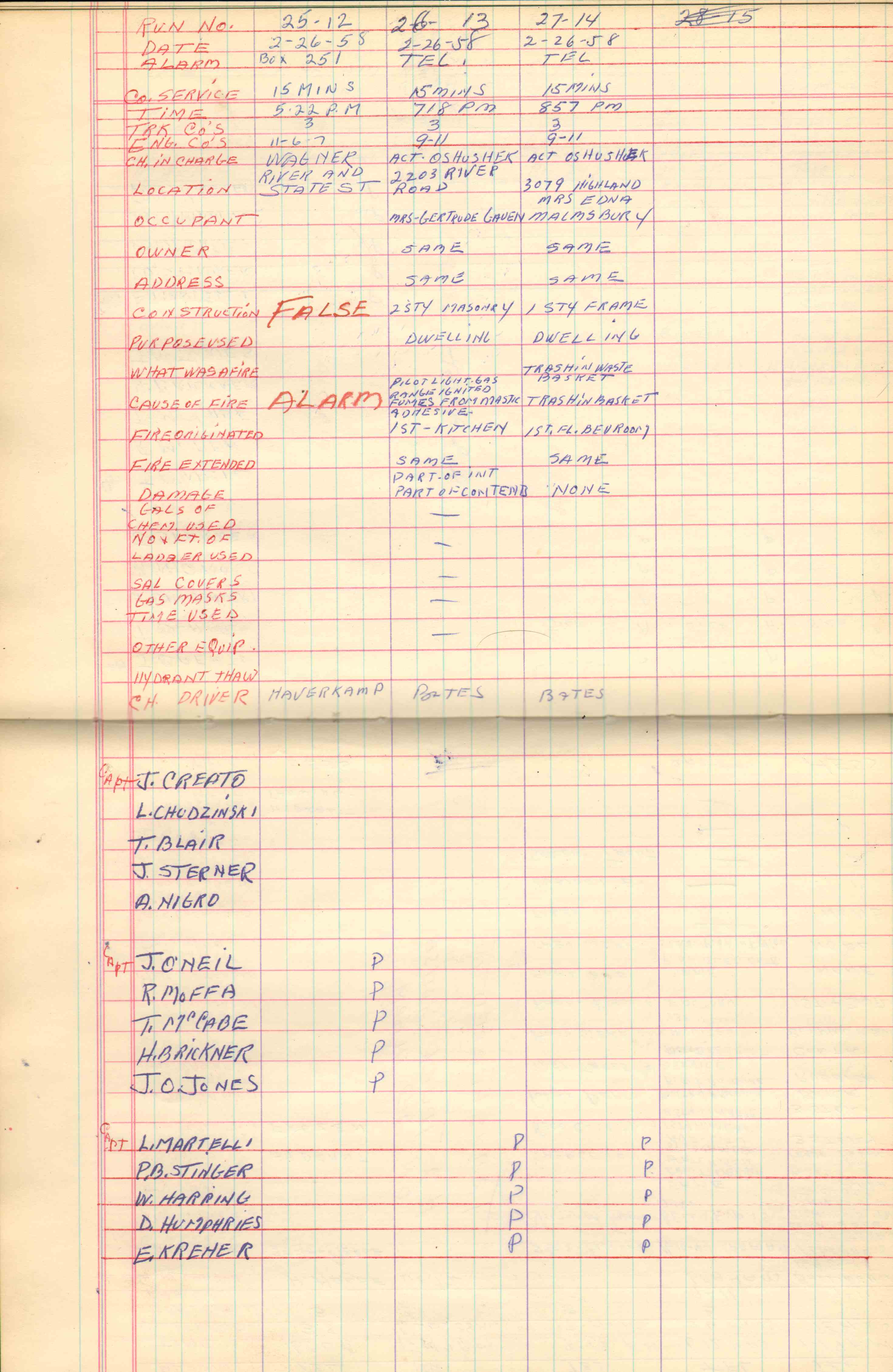 Ladder Company 3 run log, February 4–28, 1958, page 2