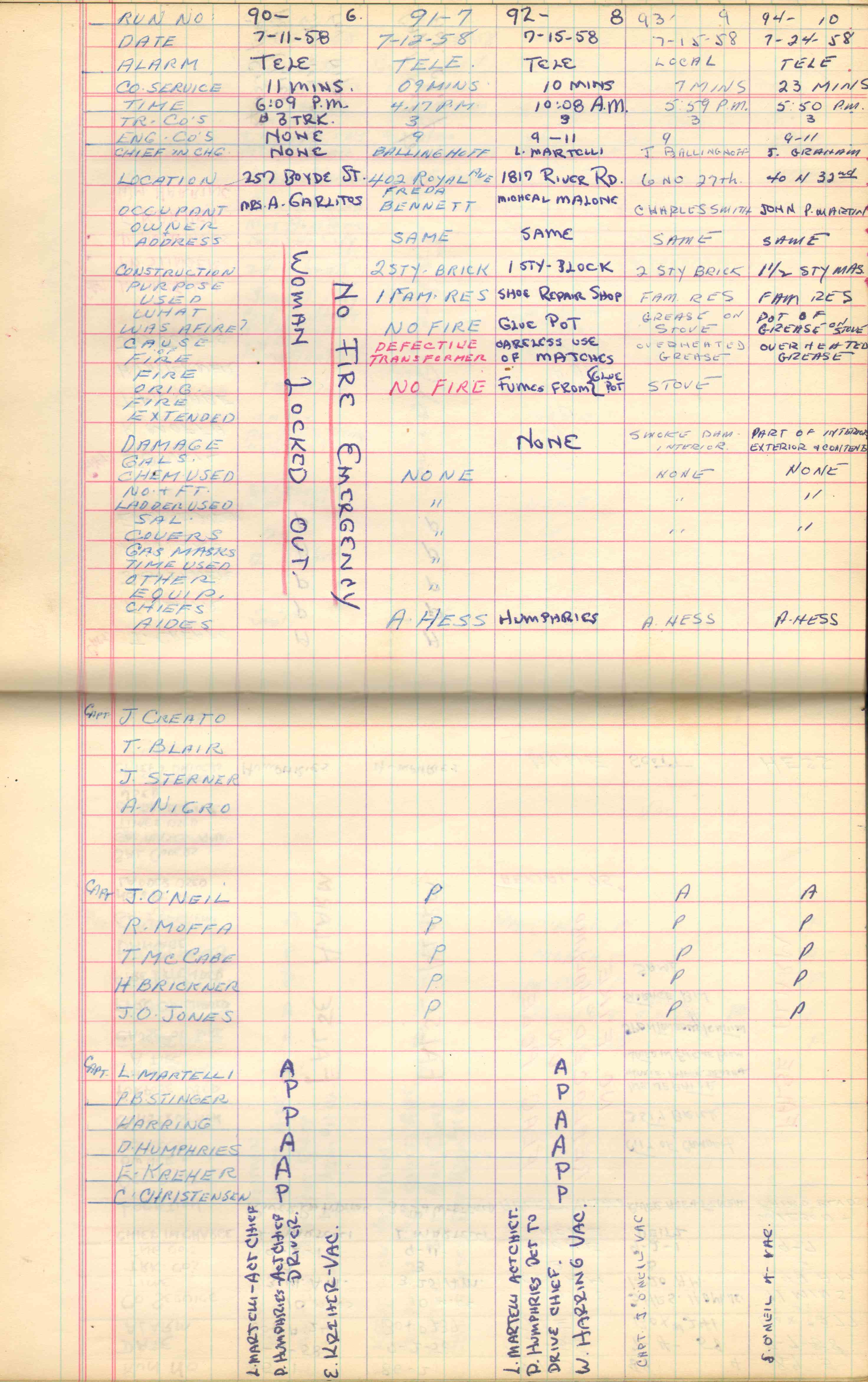 Ladder Company 3 run log, July 1958, page 2