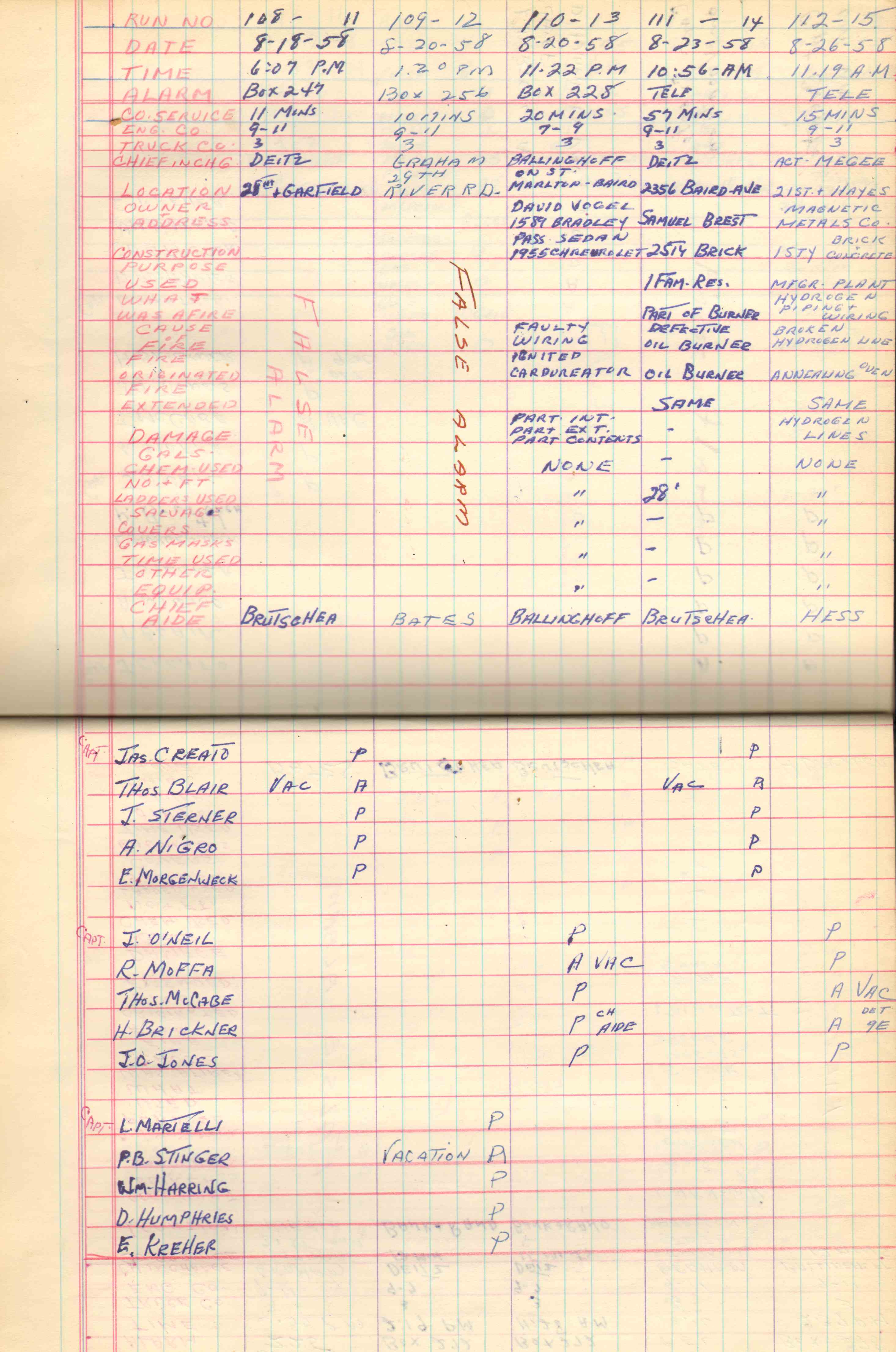 Ladder Company 3 run log, August 1–26, 1958, page 3