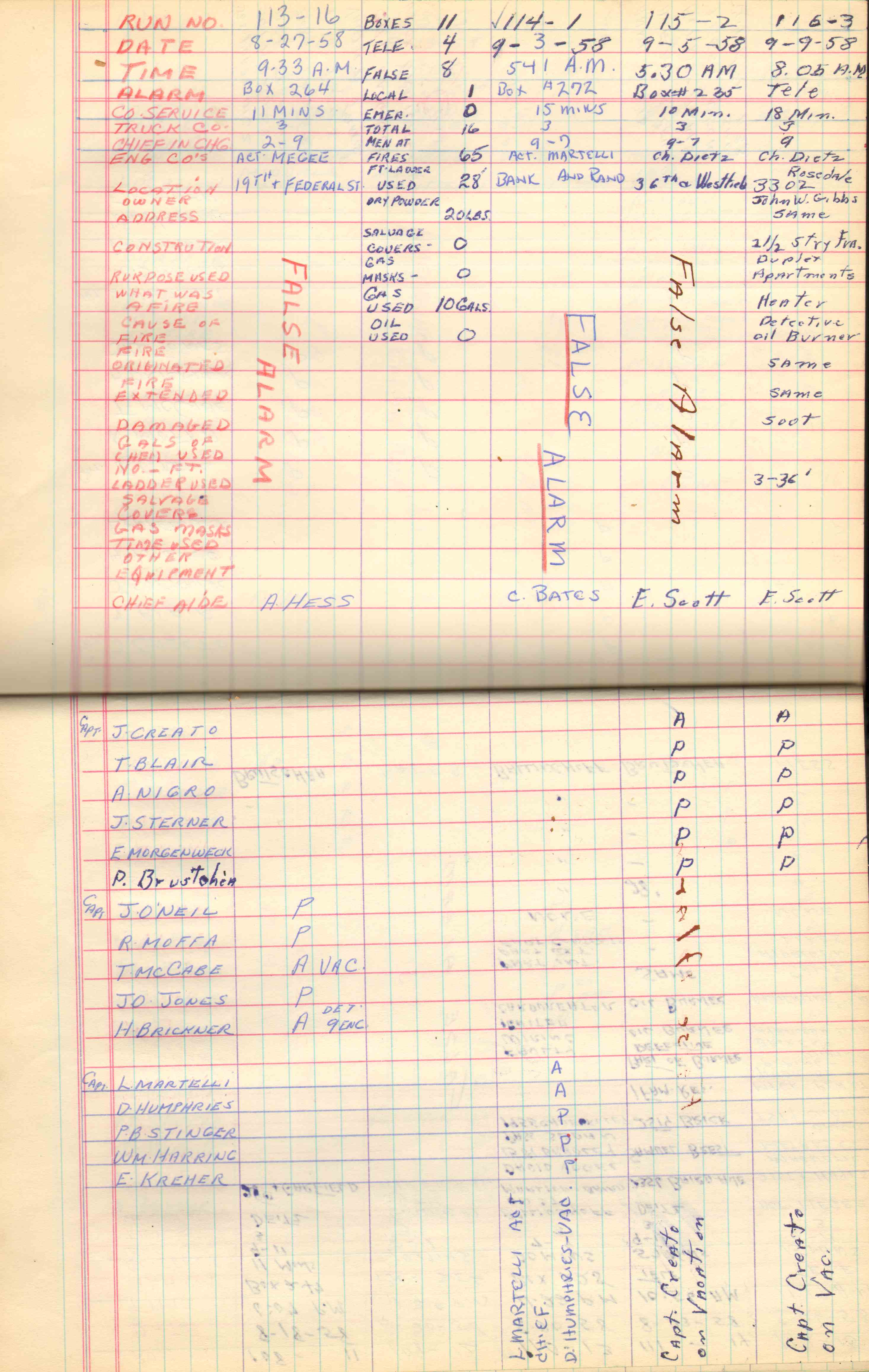 Ladder Company 3 run log, August 27–September 30, 1958, page 1