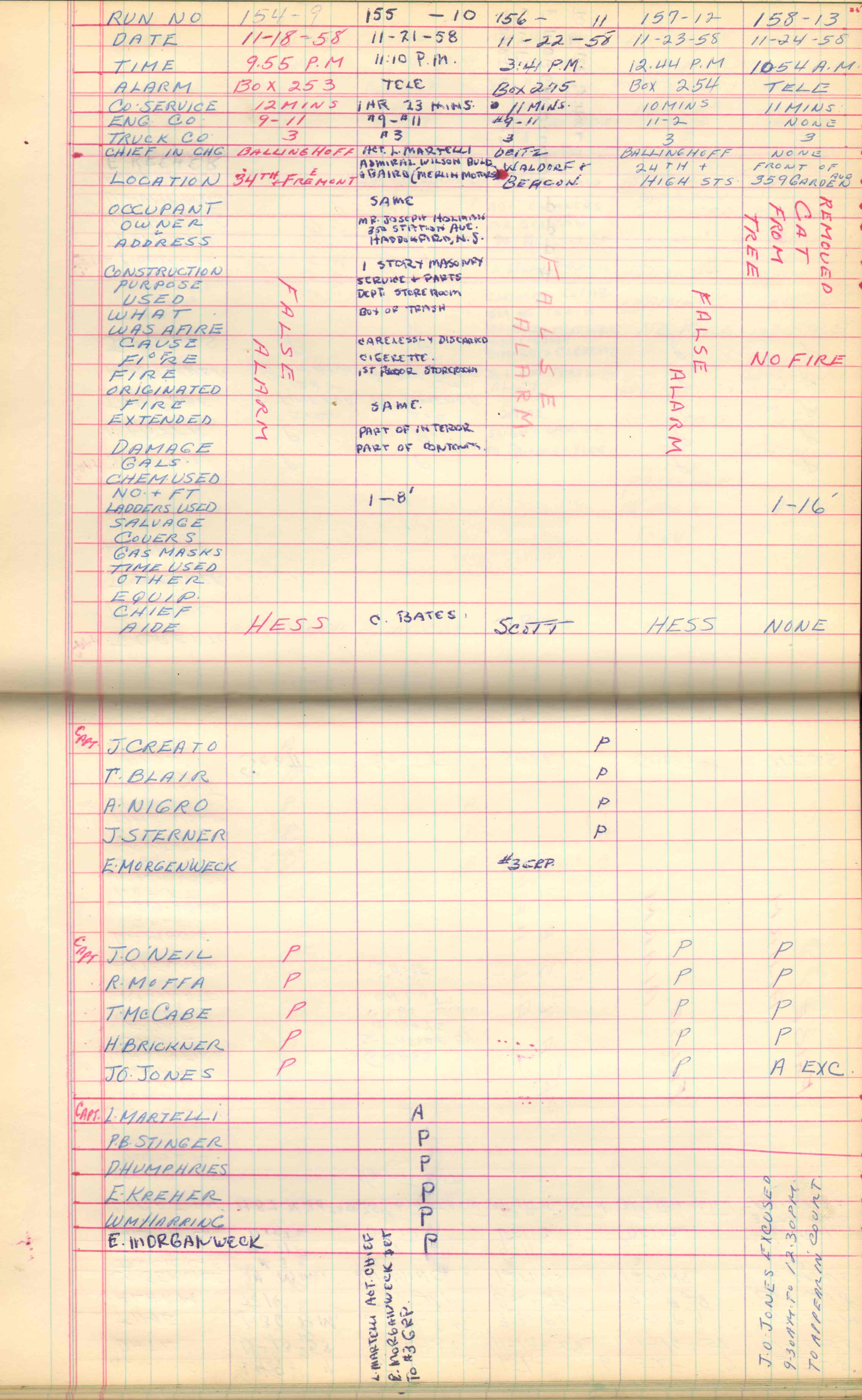Ladder Company 3 run log, October 30–November 30, 1958, page 3