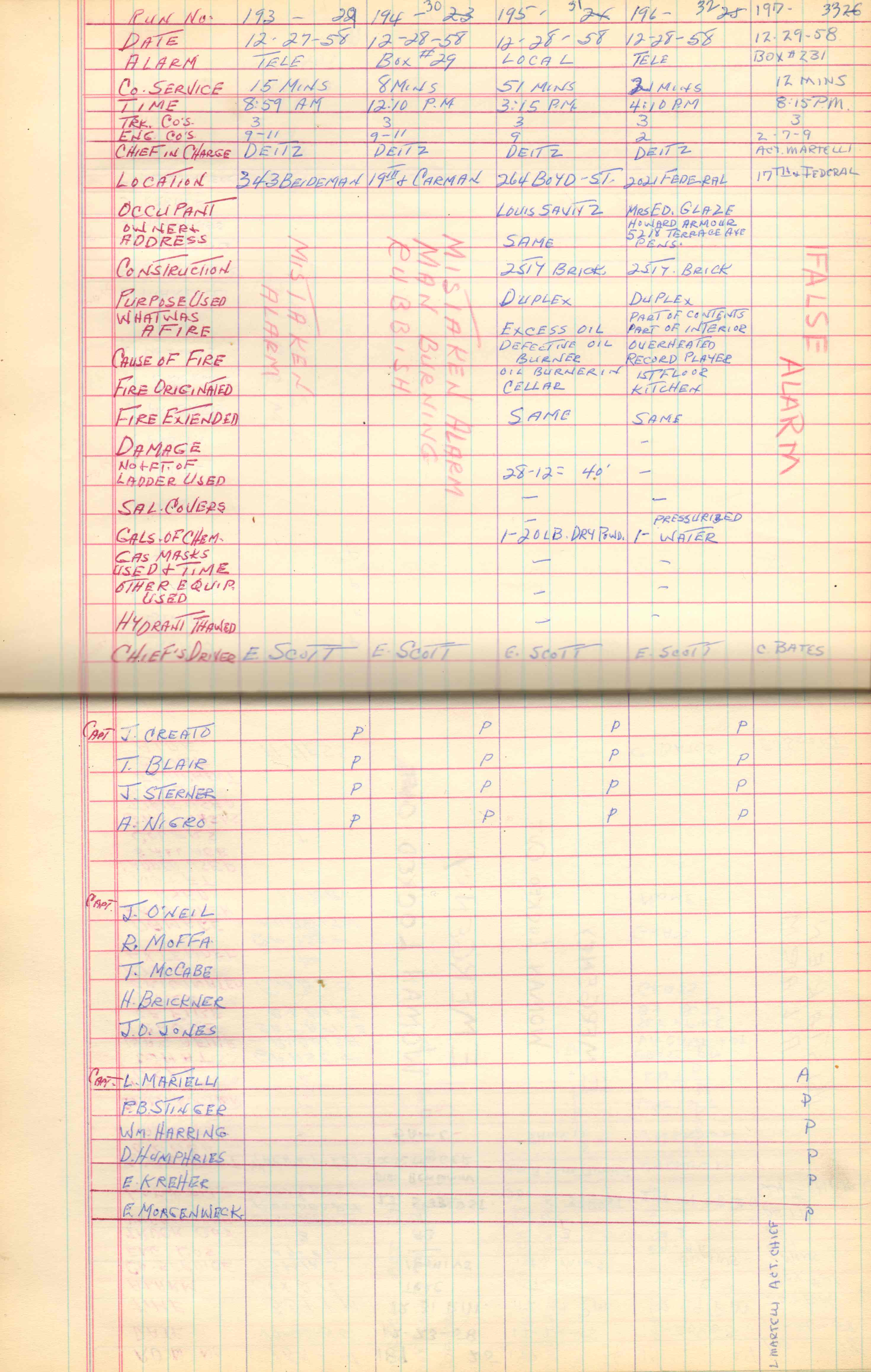 Ladder Company 3 run log, November 30–December 31, 1958, page 7