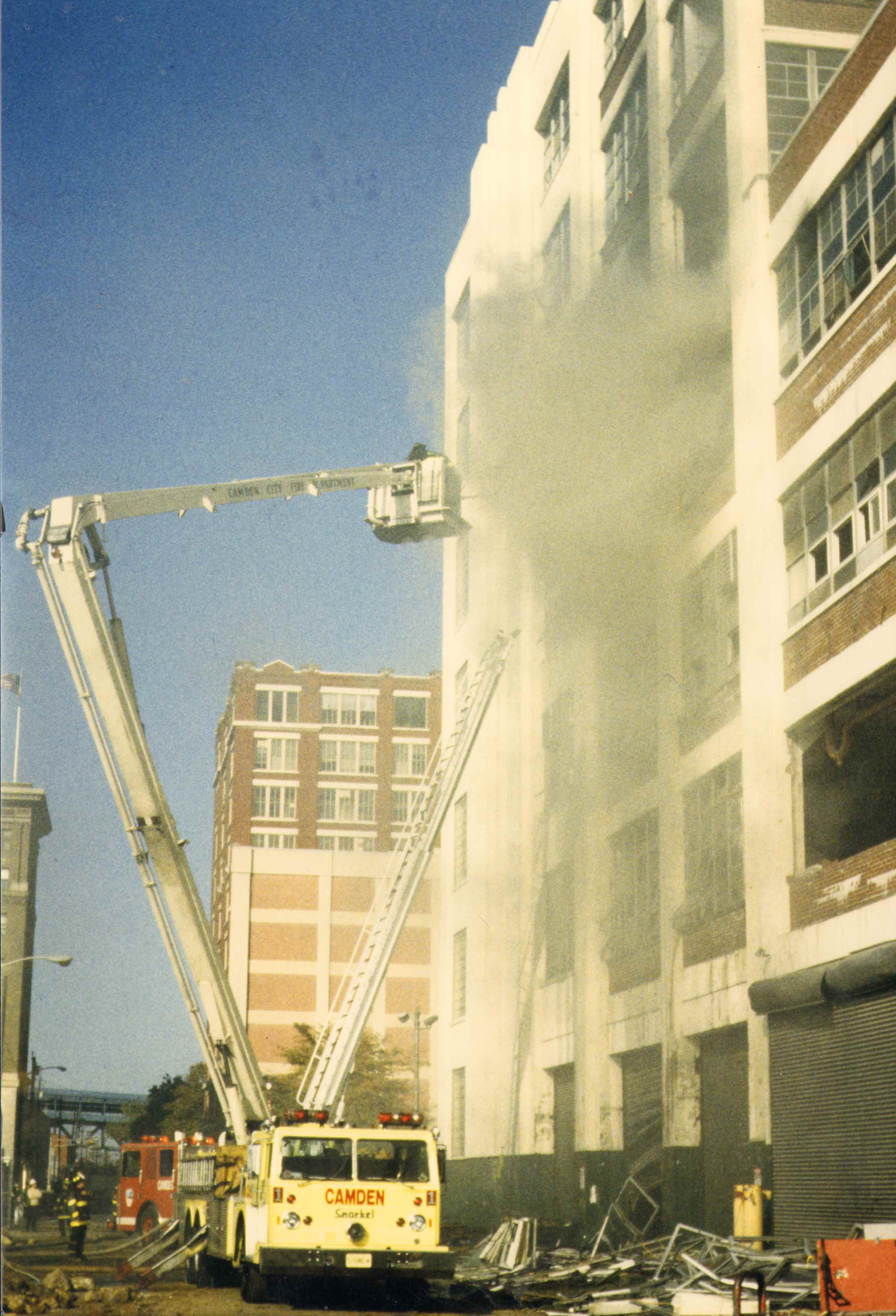 Looking south from Market Street — Camden Fire Department Ladder Company 1 at Campbell Soup fire, 1992