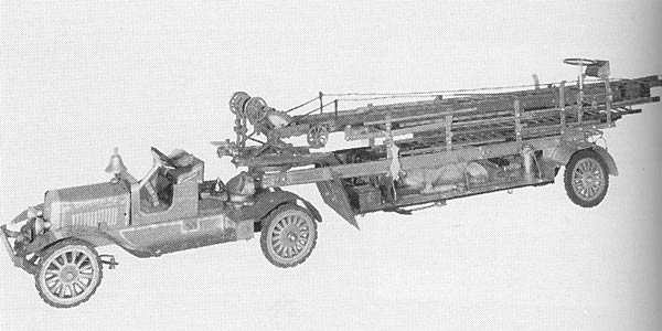 Wooden model of Ladder Company 2's 1927 American LaFrance tractor trailer, 65 inches long