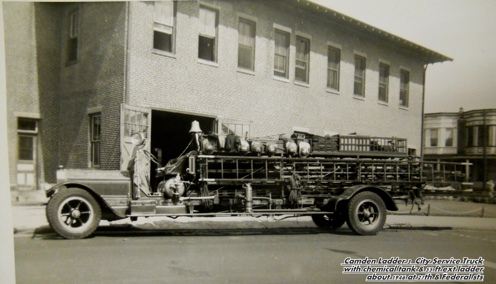 Camden Ladder 3 city service truck, about 1946 at 27th Street and Federal Street — second view
