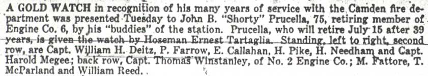 Newspaper caption identifying firefighters at the Prucella retirement ceremony