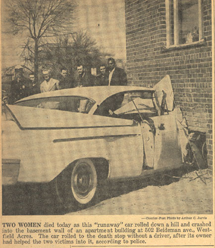 Scene of accident at Westfield Acres, Beideman Avenue, March 23 1959