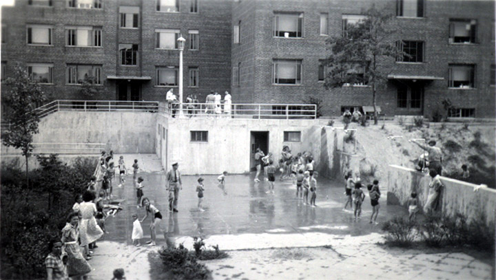 View from stair tower window on second floor, looking down on shower platform, July 1940