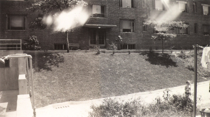 Embankment between Buildings 14 and 8, behind the children's sprinklers, July 1941