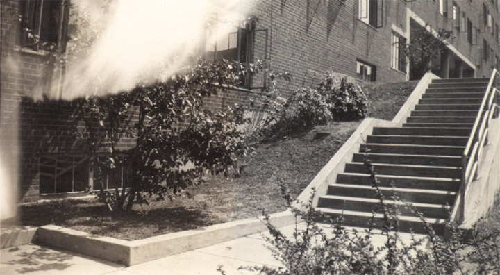 Concrete steps and terrace at northeast corner of Building 13, July 1941
