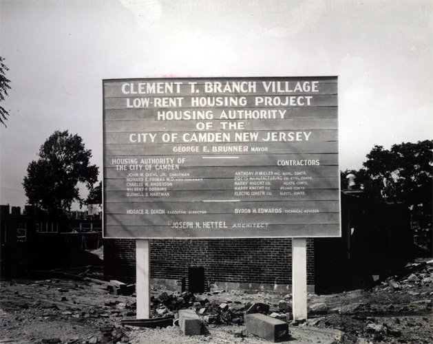 Project sign at the intersection of Ferry Avenue and South 10th Street, Clement T. Branch Village, September 1940
