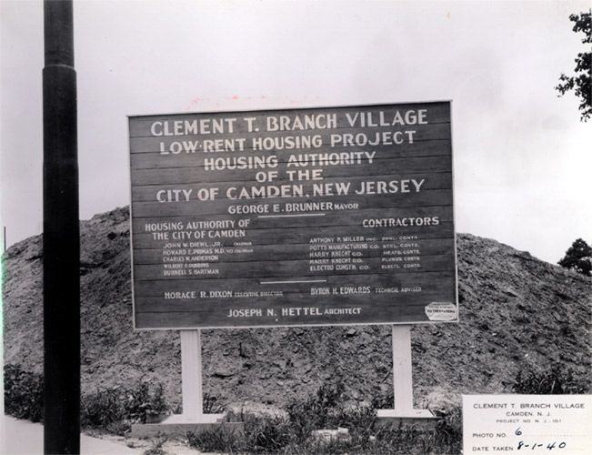 Project sign at corner of Van Hook and South 9th Streets, Clement T. Branch Village, August 1940