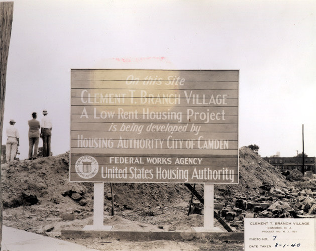 Project sign at corner of Van Hook and South 10th Streets, Clement T. Branch Village, August 1940