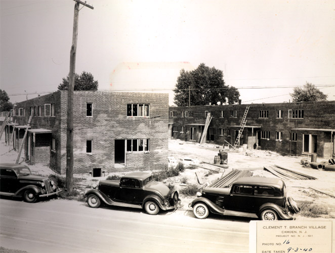 Masonry work completed to roof elevation on buildings #11 and #13, Clement T. Branch Village, September 1940