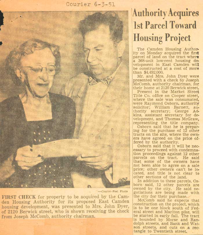 Joseph McComb presents first check to Mrs. John Dyer for East Camden housing development — Camden Courier-Post, June 3, 1951