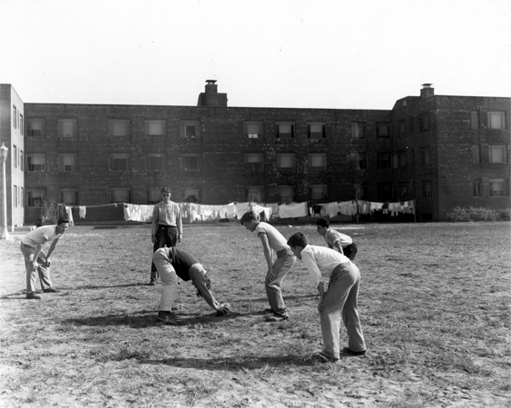 Playing ball at the rear of Westfield Acres, 1938