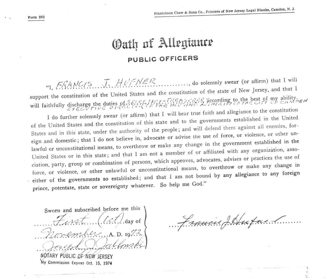 Oath of Allegiance for Francis J. Hufner, Executive Director, Housing Authority of the City of Camden, November 1, 1972