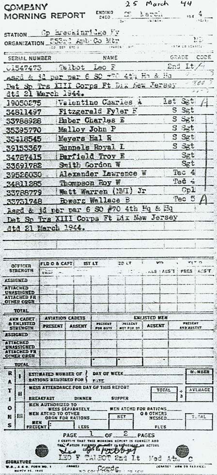 553rd Ambulance Company Morning Report — March 25, 1944, page 1 (first day of the company)