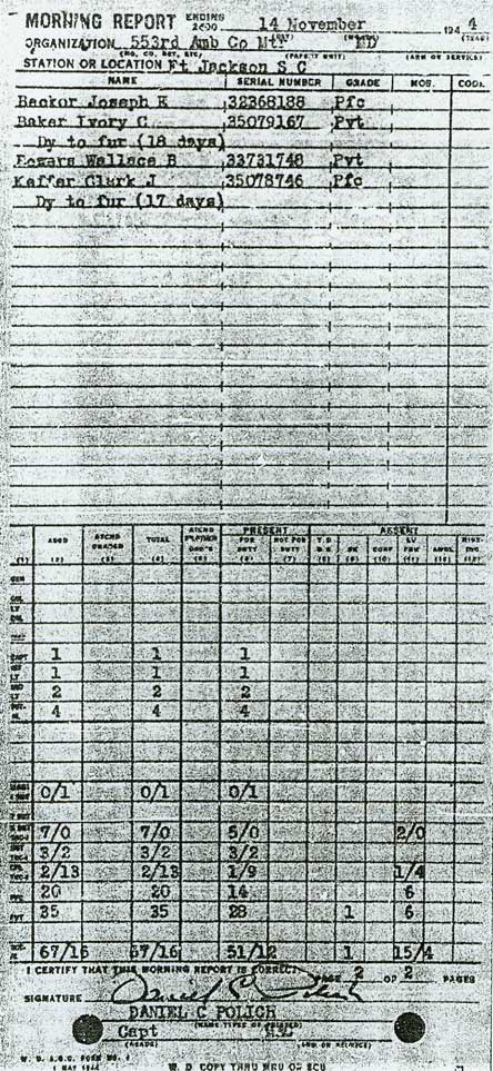 553rd Ambulance Company Morning Report — November 14, 1944: Privates Baker and Becker return from leave